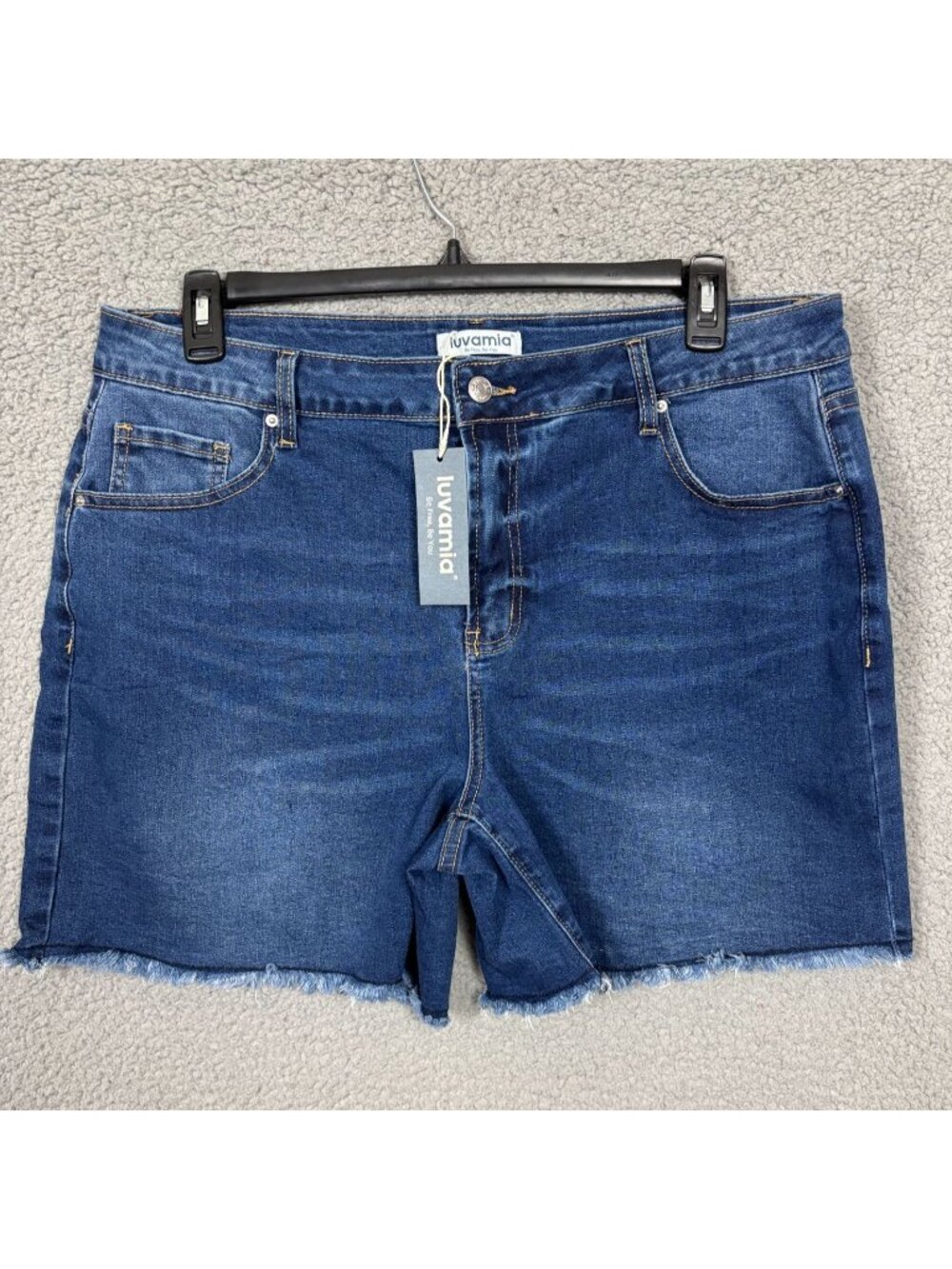Luvamia Women's Jean Shorts High Waisted Stretchy Frayed Hem Blue Size 2XL NWTs